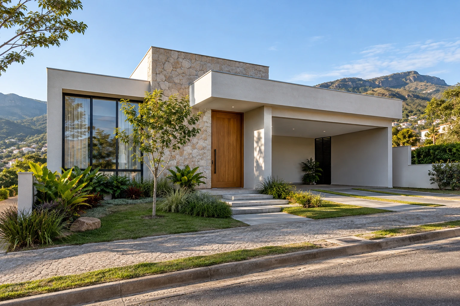 Arquitetura residencial contemporânea brasileira, com jardim e montanhas ao fundo