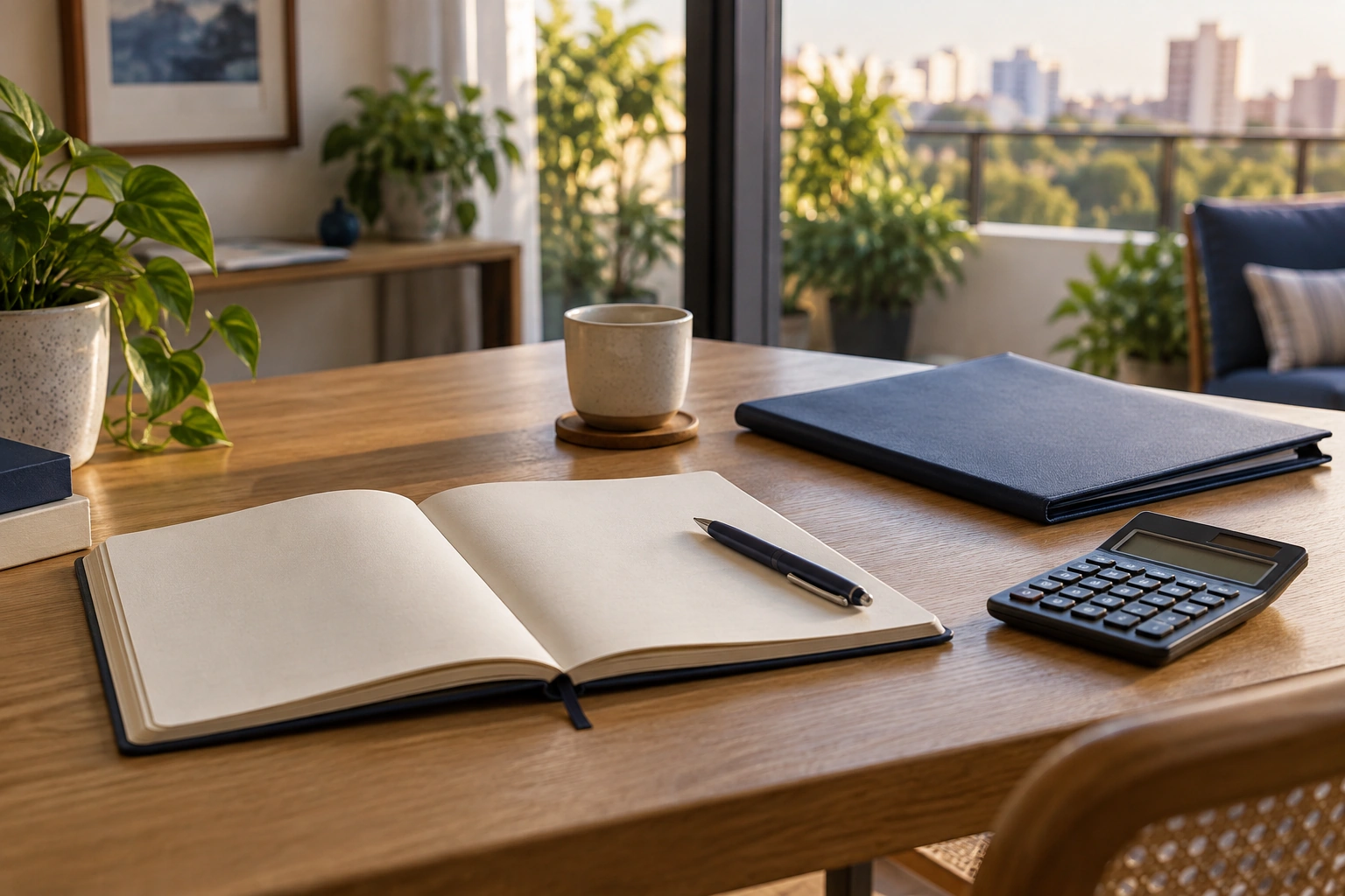 Caderno, calculadora e documentos sobre uma mesa, em cena ilustrativa de planejamento